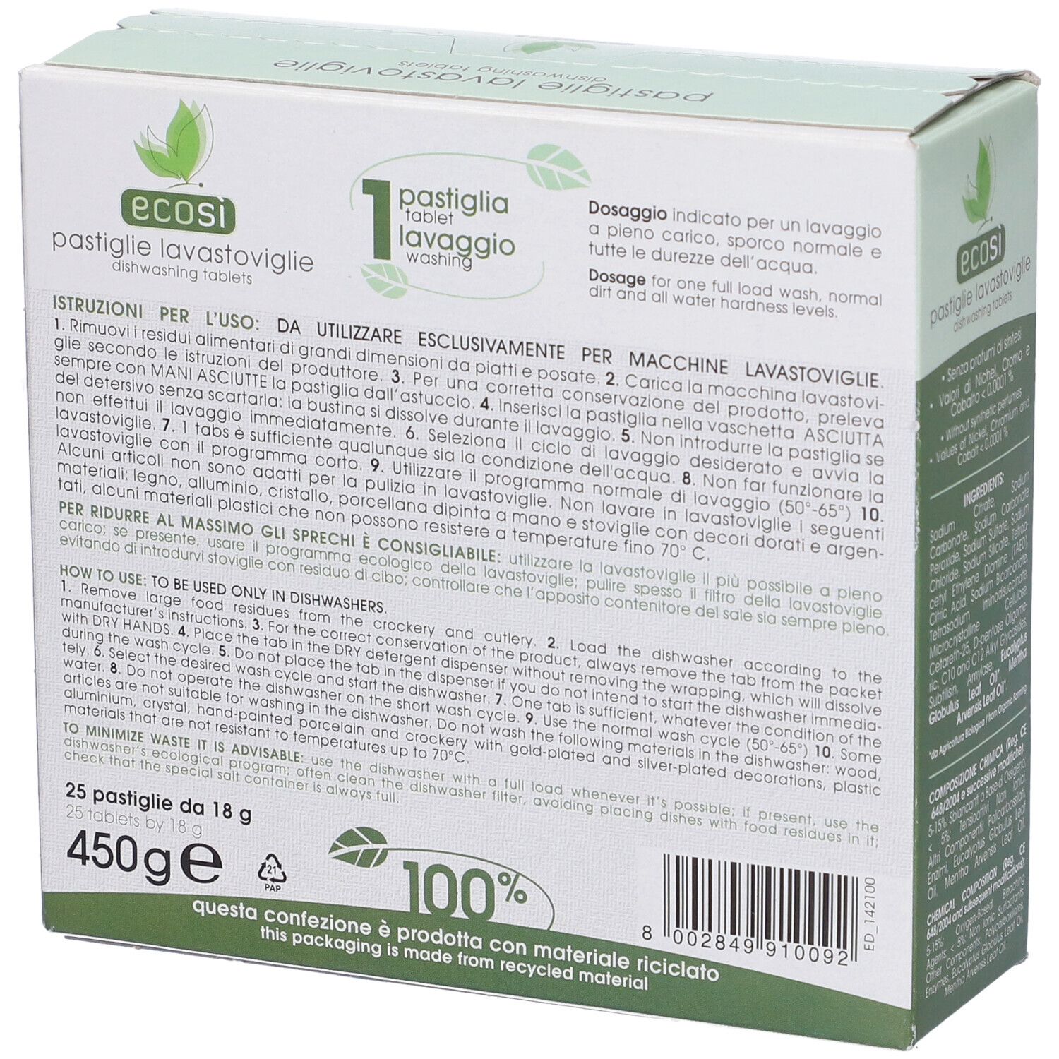 Scatola Ecosi Pastiglie Lavastoviglie con istruzioni. Confezione verde con nome prodotto, ingredienti e riciclo. 25 pastiglie.