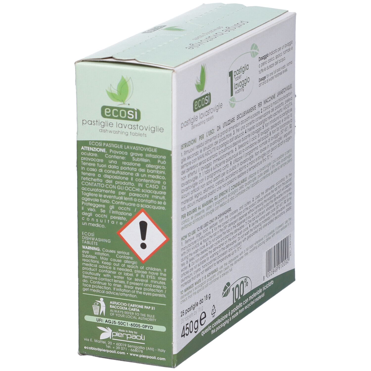Scatola Ecosi Pastiglie Lavastoviglie con avvertenze. Confezione verde con nome prodotto, ingredienti e simbolo di avvertimento. 25 pastiglie.