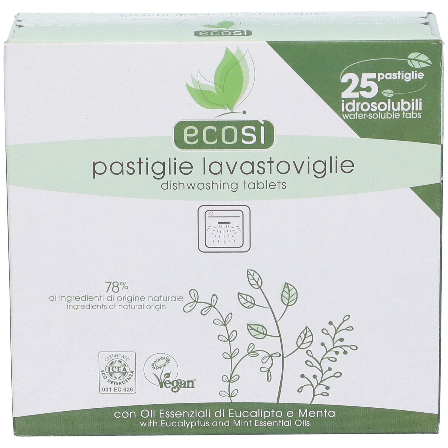 Scatola Ecosi Pastiglie Lavastoviglie con 25 pastiglie idrosolubili. Confezione verde con logo, nome prodotto e informazioni.