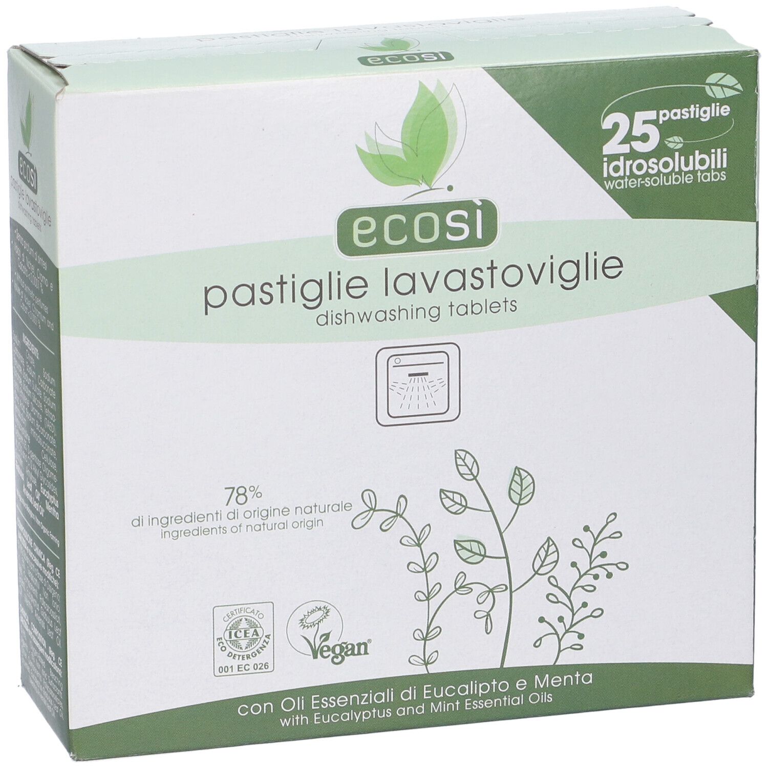 Scatola Ecosi Pastiglie Lavastoviglie con 25 pastiglie idrosolubili. Confezione verde con logo, nome prodotto e informazioni.