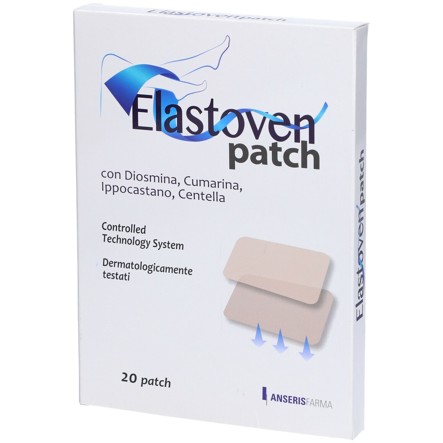Scatola bianca con nome del prodotto e due cerotti rettangolari. Scritta: Elastoven patch.