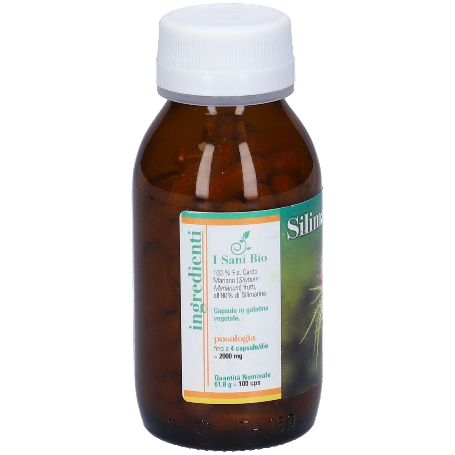 Flacone di vetro marrone con tappo bianco. Etichetta con ingredienti, dosaggio e logo. Capsule visibili.