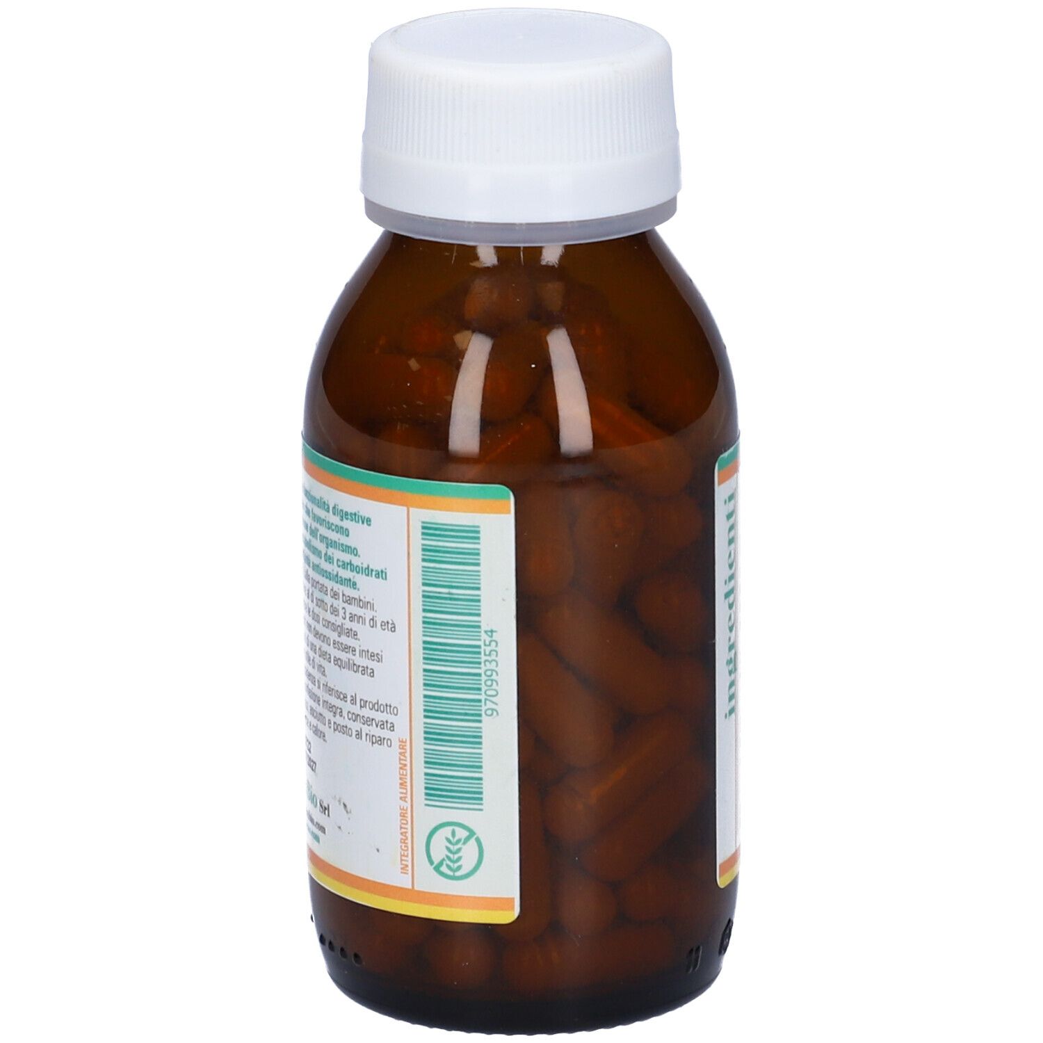 Flacone di vetro marrone con tappo bianco. Retro con testo e marchio verde. Capsule visibili.