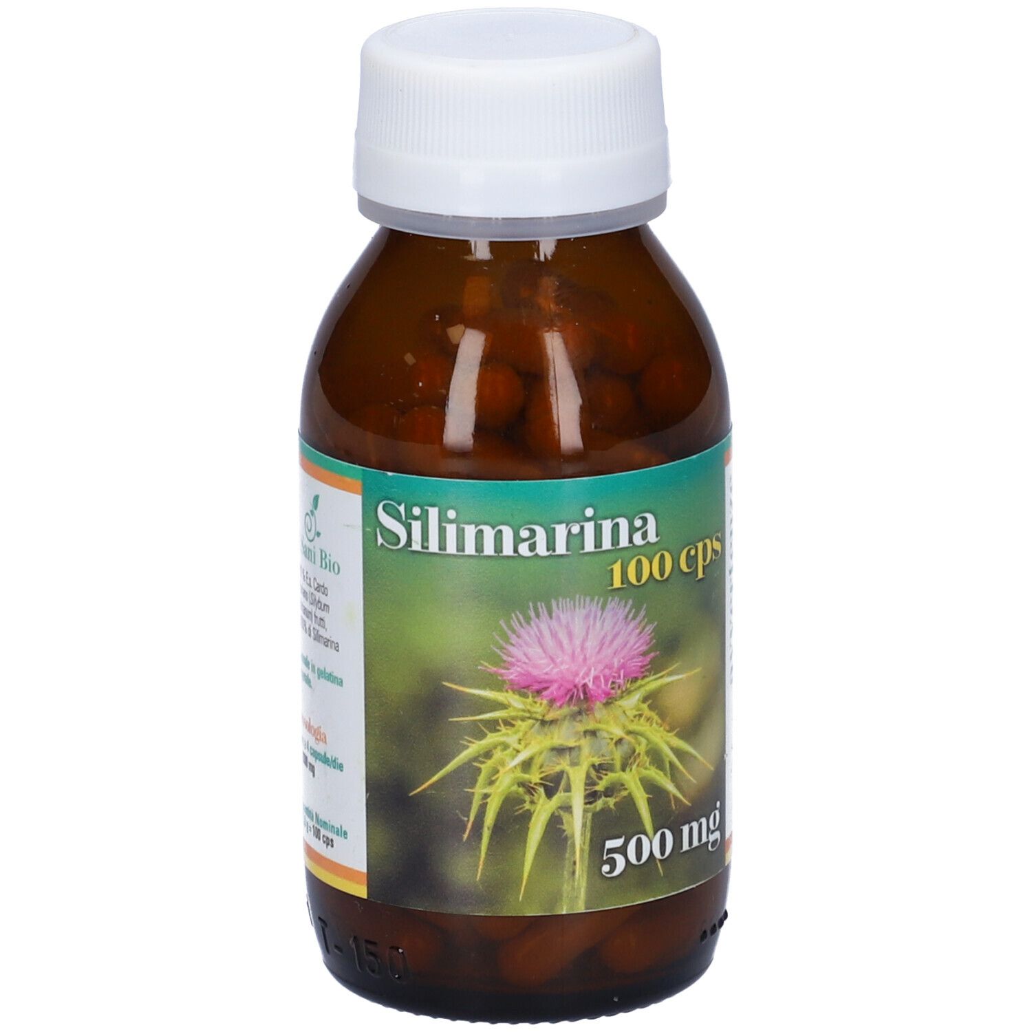 Flacone di vetro marrone con tappo bianco. Etichetta con nome del prodotto Silimarina 100 cps, fiore di cardo e 500 mg.