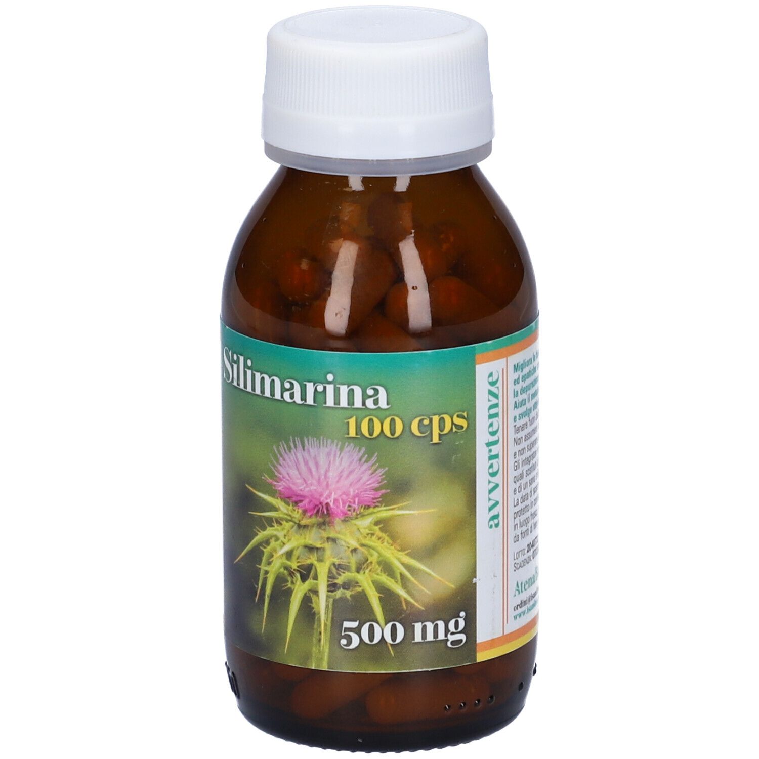 Flacone di vetro marrone con tappo bianco. Etichetta con nome del prodotto Silimarina 100 cps, fiore di cardo e 500 mg.