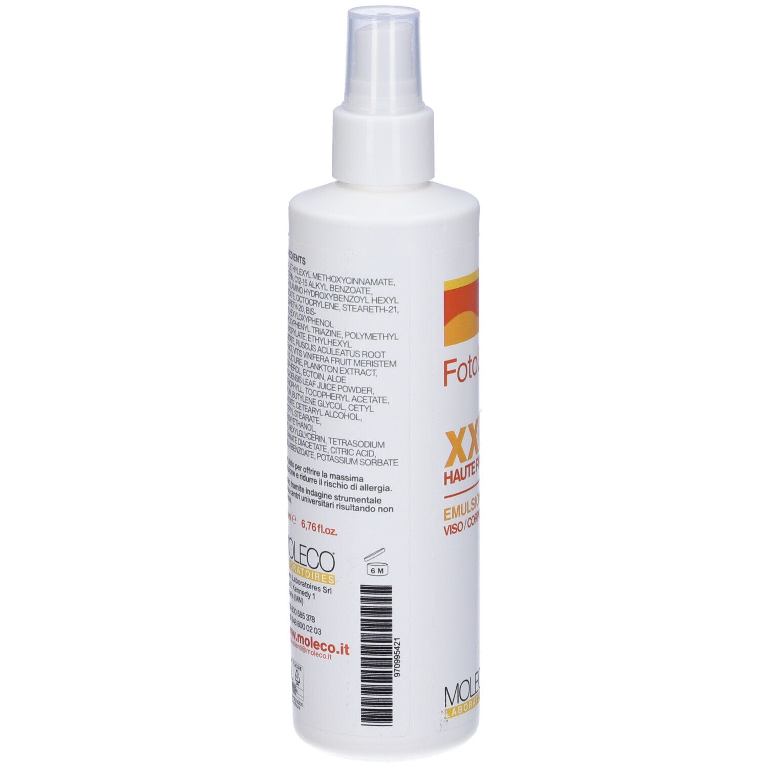 Retro del flacone spray bianco. Testo: Ingredienti, codice a barre, informazioni di contatto Moleco, 6.76 fl.oz.