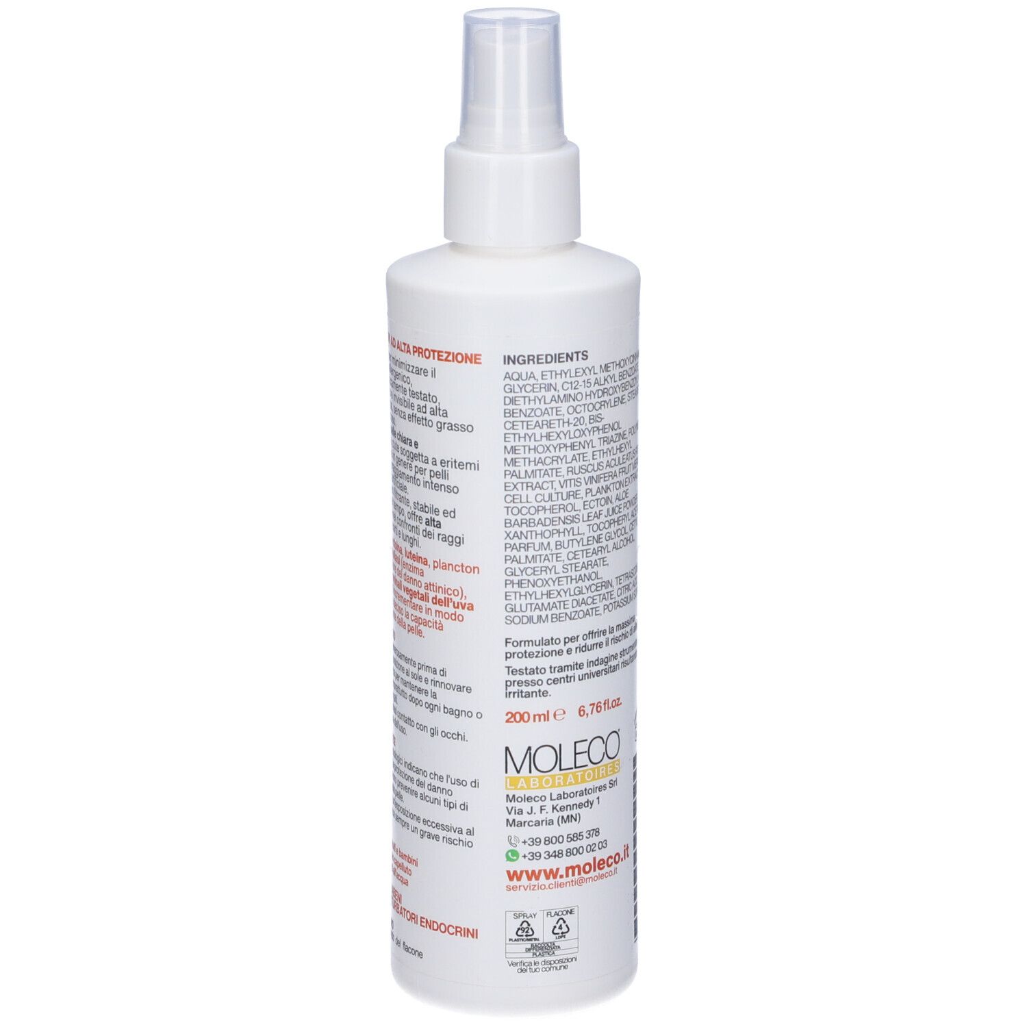 Retro del flacone spray bianco. Testo: Ingredienti, 200 ml, informazioni di contatto Moleco, www.moleco.it.