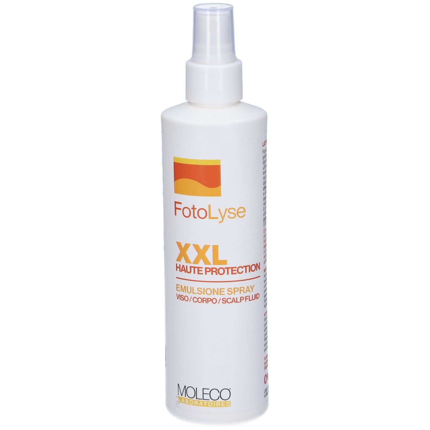 Flacone spray bianco con etichetta arancione. Testo: FotoLyse XXL Haute Protection, Emulsione Spray. Moleco Laboratories.