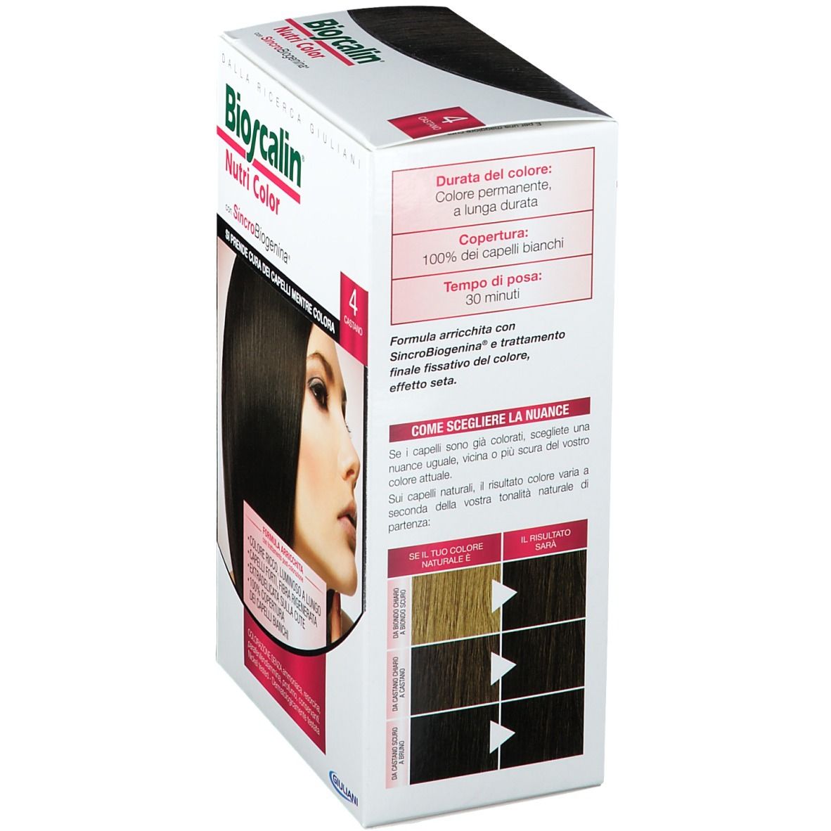 Scatola Bioscalin Nutri Color. Marrone 4. Vista laterale. Testo: SinCroBioGenina. Selezione colori.