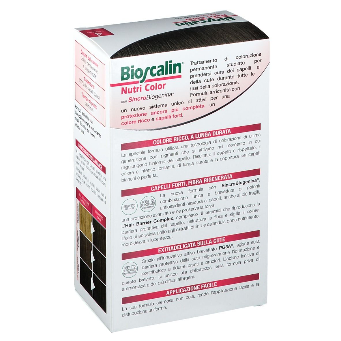 Scatola Bioscalin Nutri Color. Marrone 4. Testo: SinCroBioGenina. Descrizione ingredienti e benefici.
