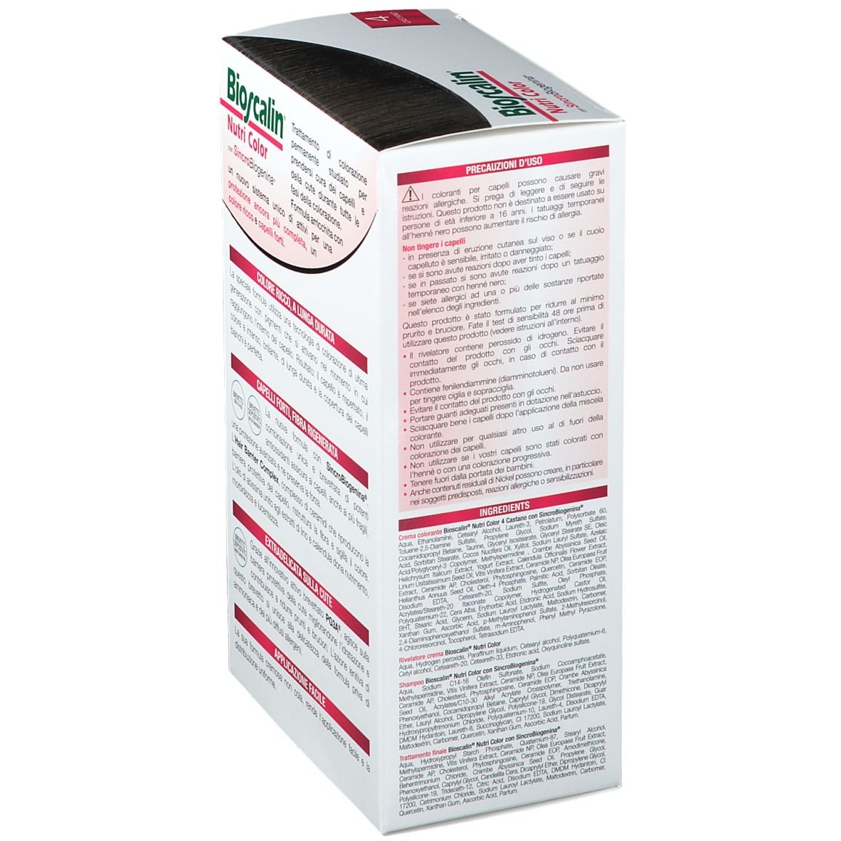 Scatola Bioscalin Nutri Color. Marrone 4. Retro con ingredienti e precauzioni.