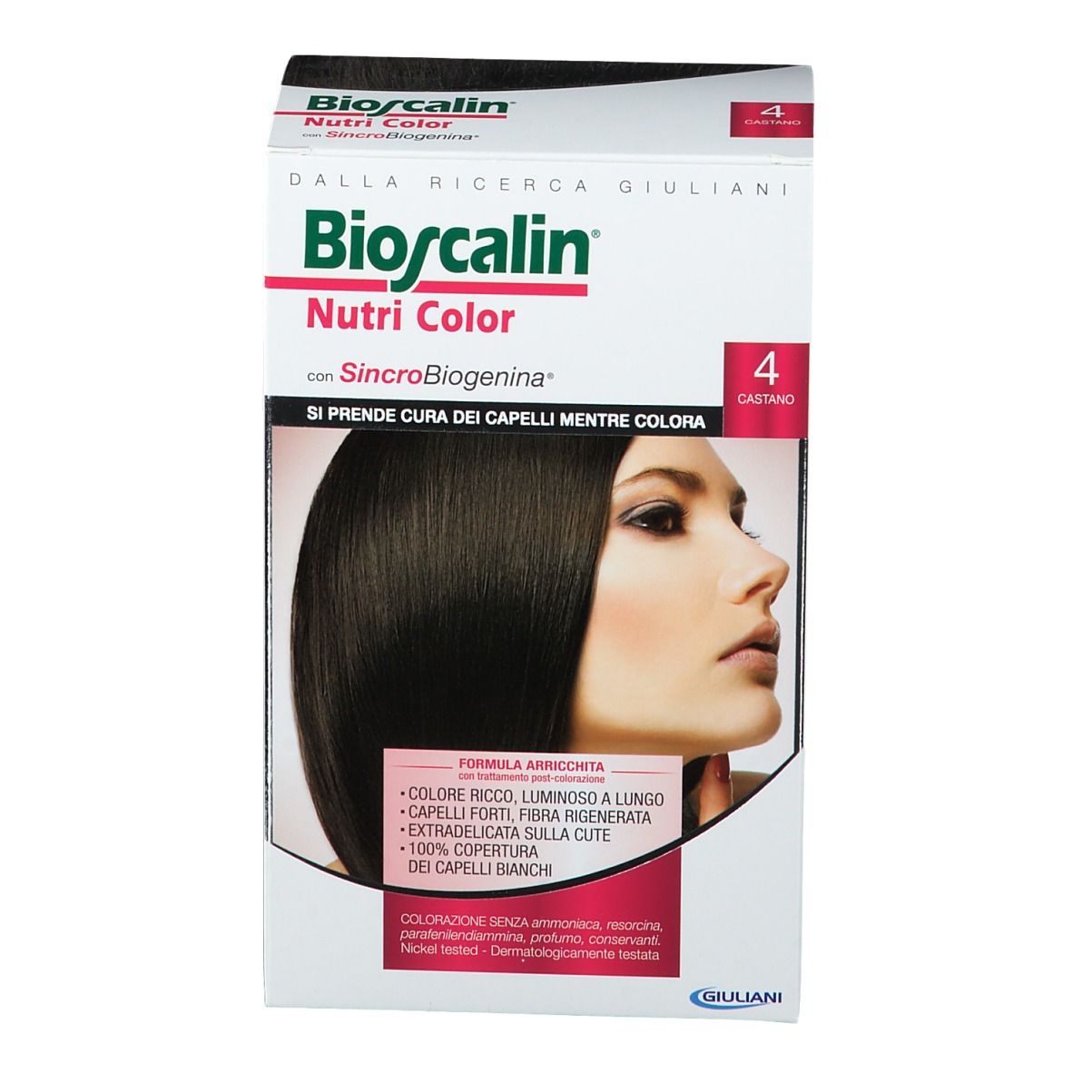 Scatola Bioscalin Nutri Color. Marrone 4. Donna con capelli castani. Testo: SinCroBioGenina.