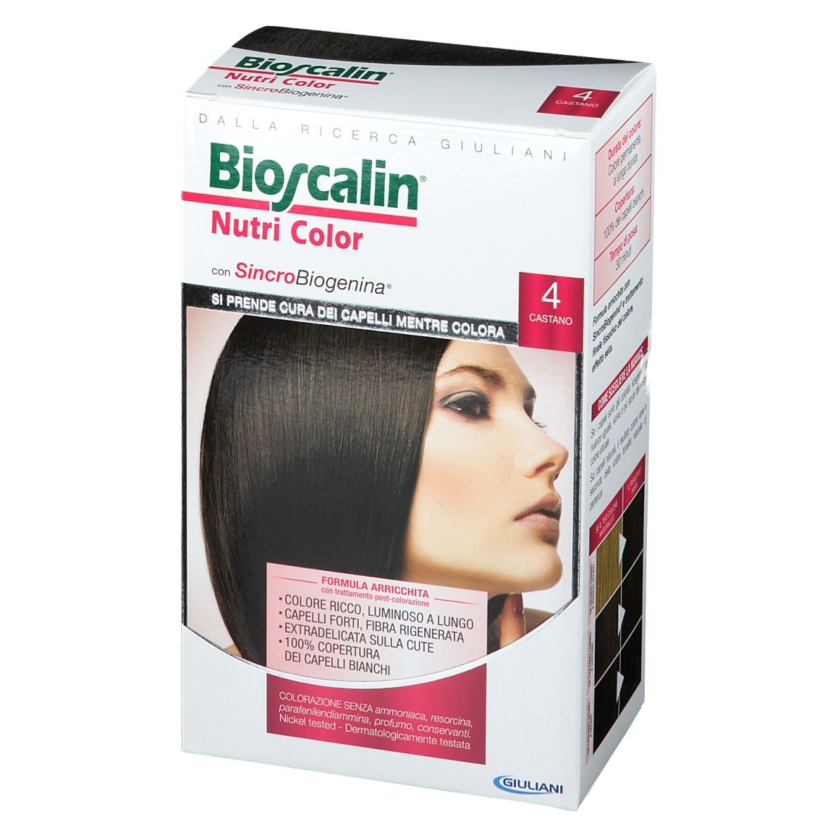 Scatola Bioscalin Nutri Color. Marrone 4. Donna con capelli castani. Testo: SinCroBioGenina. Selezione colori.