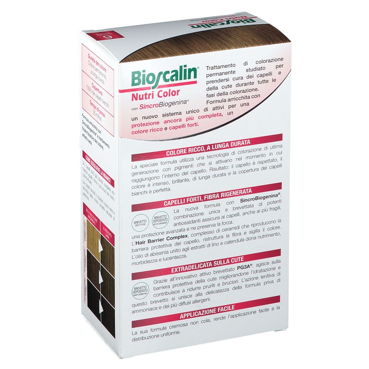 Bioscalin Nutri Color, Biondo Scuro 6. Confezione, retro. Informazioni sul prodotto, ingredienti e vantaggi.