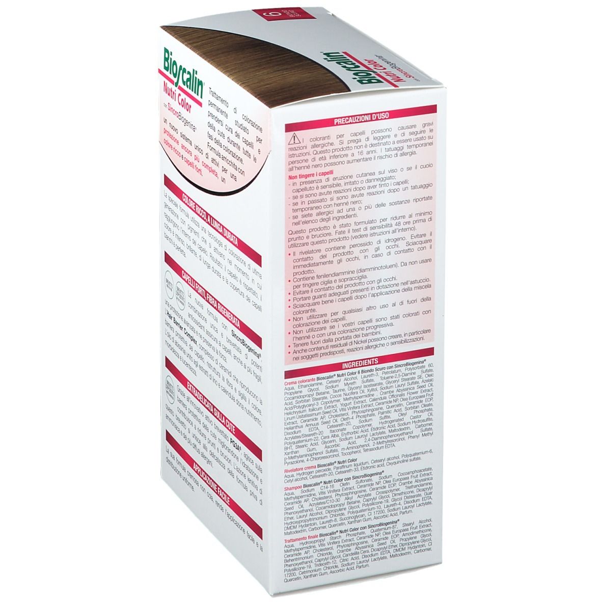Bioscalin Nutri Color, Biondo Scuro 6. Confezione, retro. Precauzioni d'uso e ingredienti.