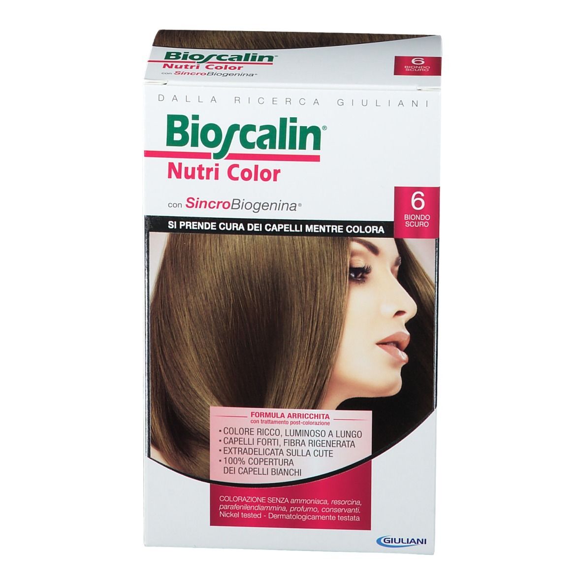 Confezione Bioscalin Nutri Color, Biondo Scuro 6. Donna con capelli tinti. Informazioni sul prodotto sulla confezione.