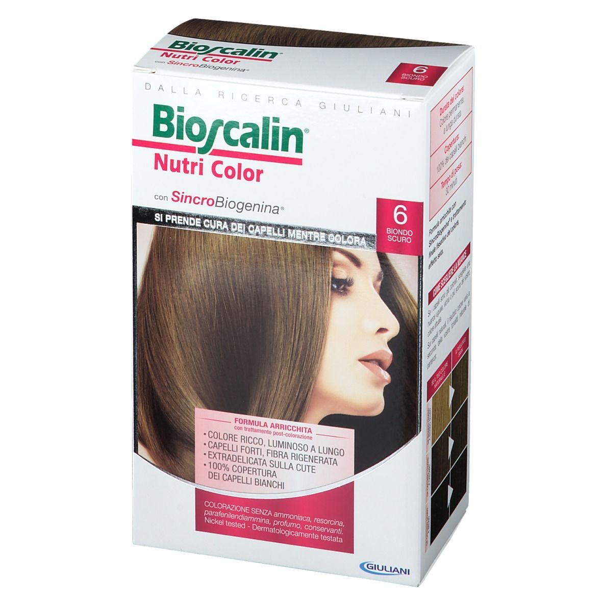 Confezione Bioscalin Nutri Color, Biondo Scuro 6. Donna con capelli tinti. Informazioni sul prodotto sulla confezione.