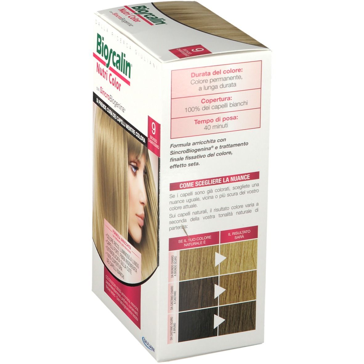 Bioscalin Nutri Color 9 Ultra Hellblond, vista laterale della confezione. Testo: 'Durata del colore', 'Copertura 100% dei capelli bianchi', 'Tempo di posa: 40 minuti'.