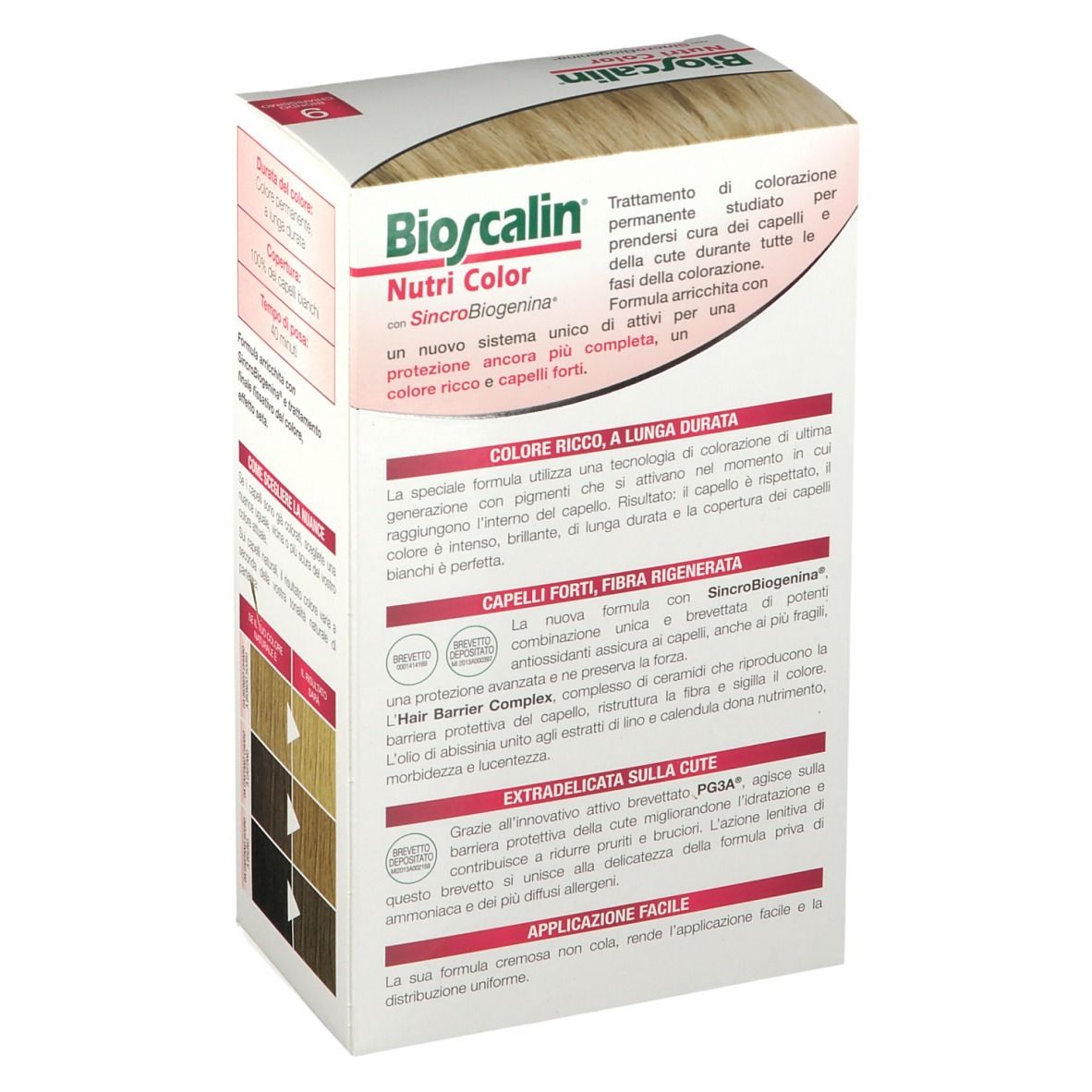 Bioscalin Nutri Color 9 Ultra Hellblond, retro della confezione. Testo: 'Colore ricco, a lunga durata', 'Capelli forti, fibra rigenerata', 'Extradelicata sulla cute'.