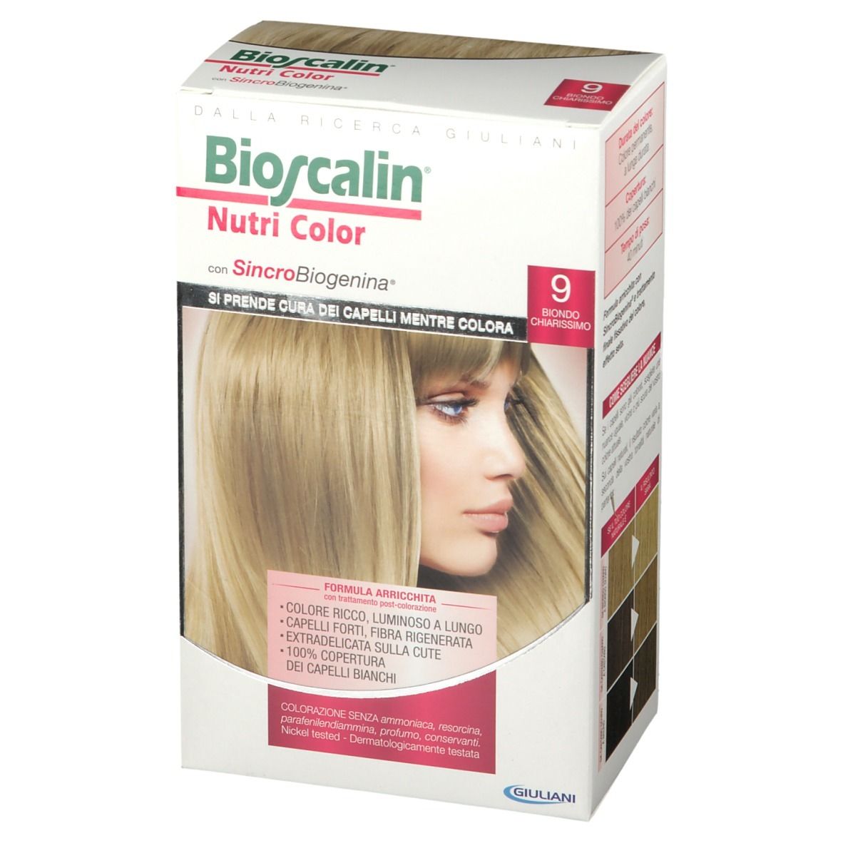 Confezione Bioscalin Nutri Color 9 Ultra Hellblond, vista angolata. Immagine del prodotto ed esempi di colore. Scritte: '9', 'Biondo chiarissimo'.