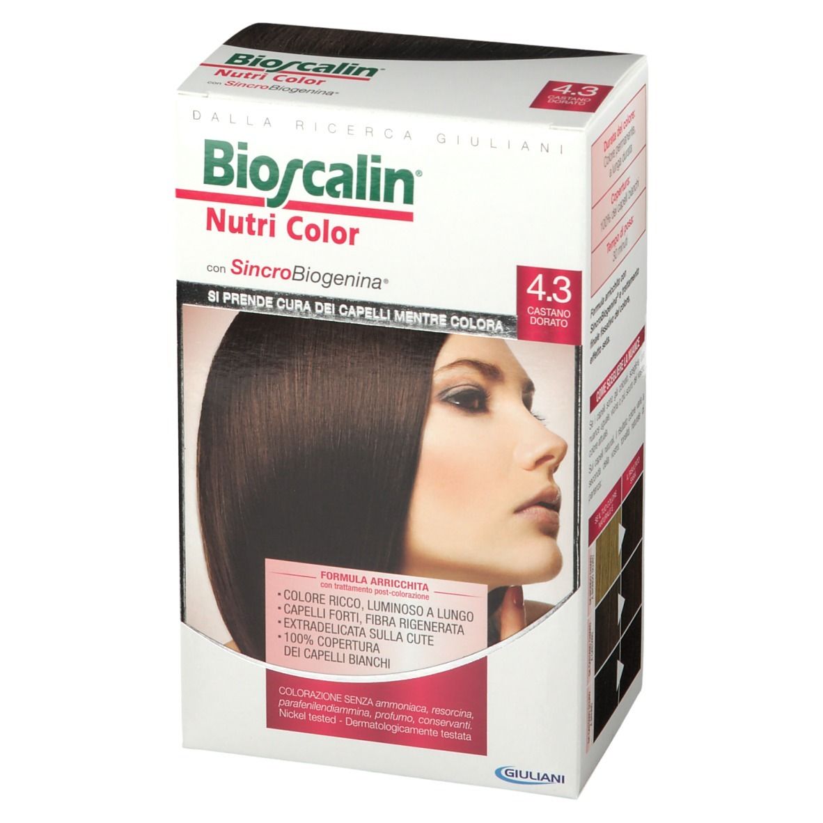 Confezione Bioscalin Nutri Color 4.3 Castano Dorato. Immagine del prodotto e marchio. Scritte in italiano.