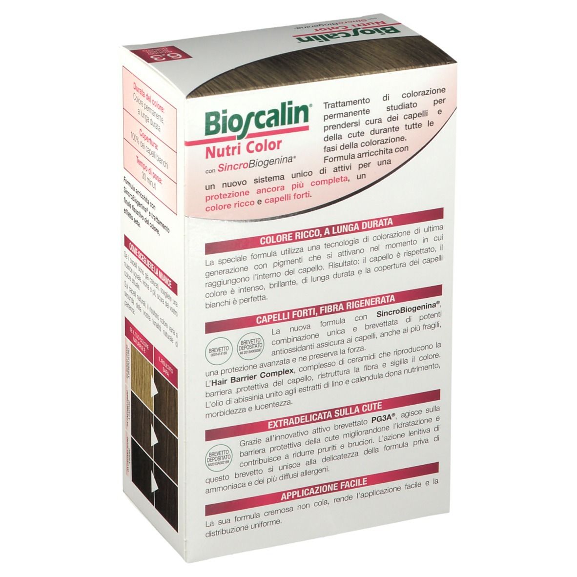 Bioscalin Nutri Color. Confezione del prodotto con informazioni testuali. Dettaglio ingredienti e vantaggi.