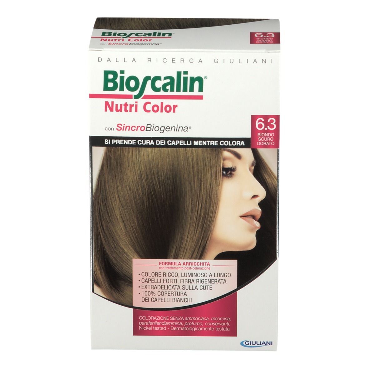 Bioscalin Nutri Color 6.3 Biondo Dorato Scuro. Confezione con immagine del prodotto. Vista frontale.