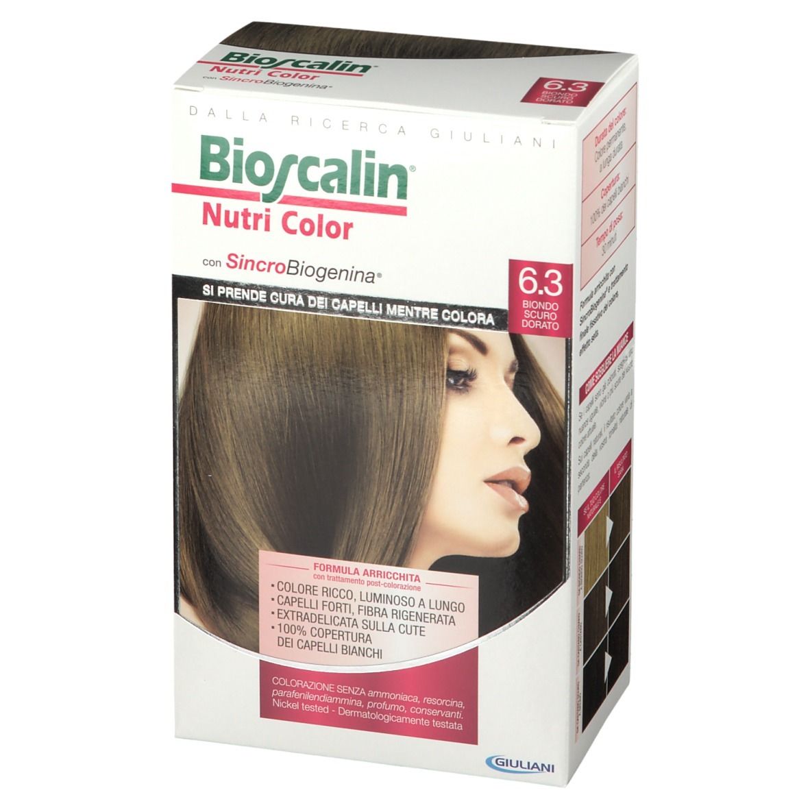 Bioscalin Nutri Color 6.3 Biondo Dorato Scuro. Confezione con immagine e selezione colori.