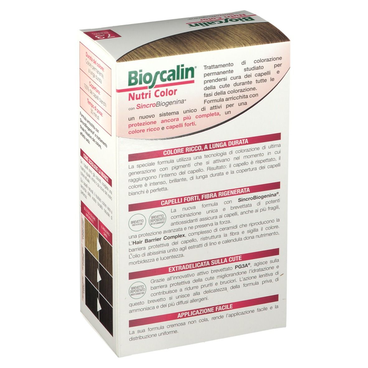 Scatola Bioscalin Nutri Color 7.3 Biondo Dorato, retro. Testo sugli ingredienti e i benefici della colorazione per capelli.