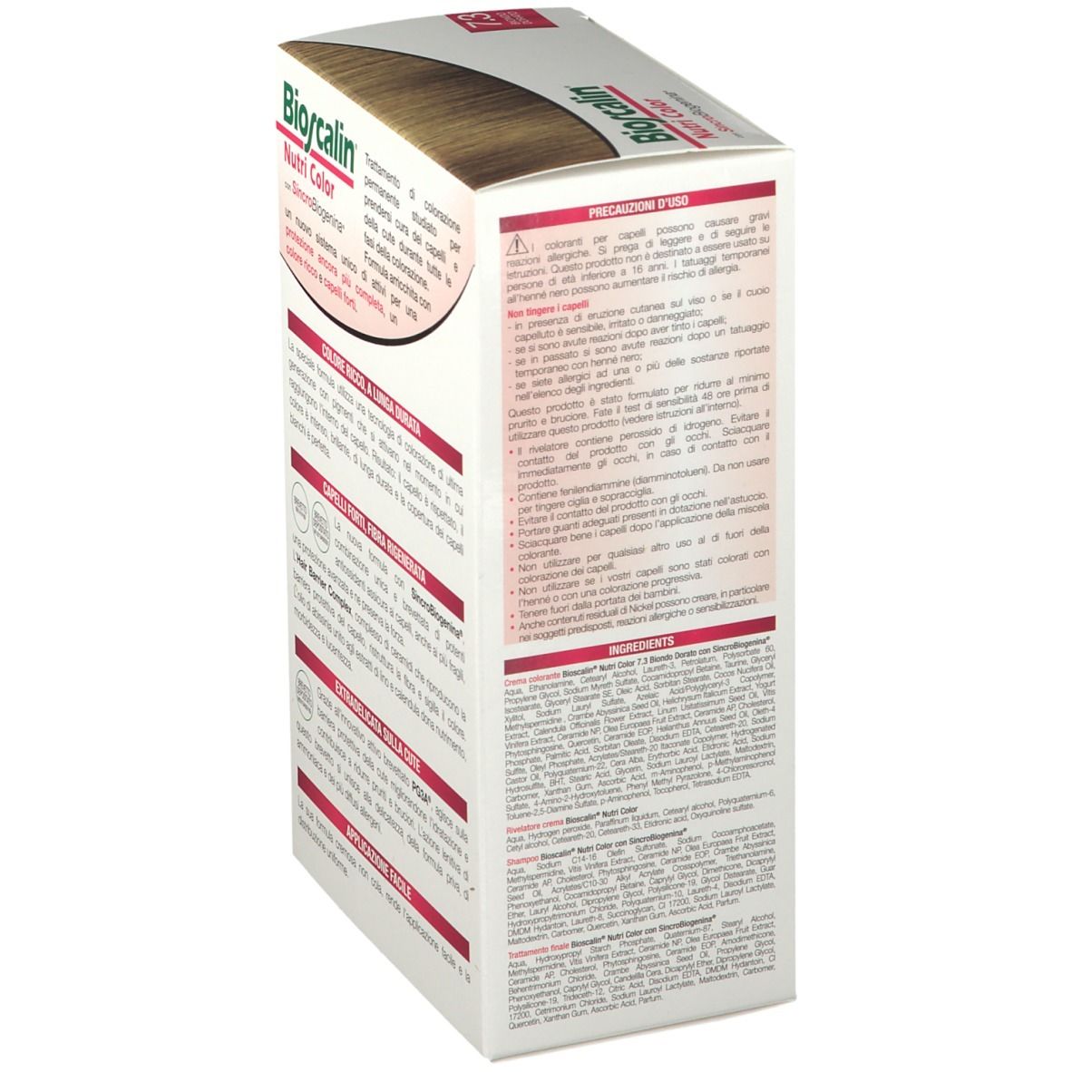 Scatola Bioscalin Nutri Color 7.3 Biondo Dorato, altra vista posteriore. Testo sulle precauzioni e gli ingredienti.