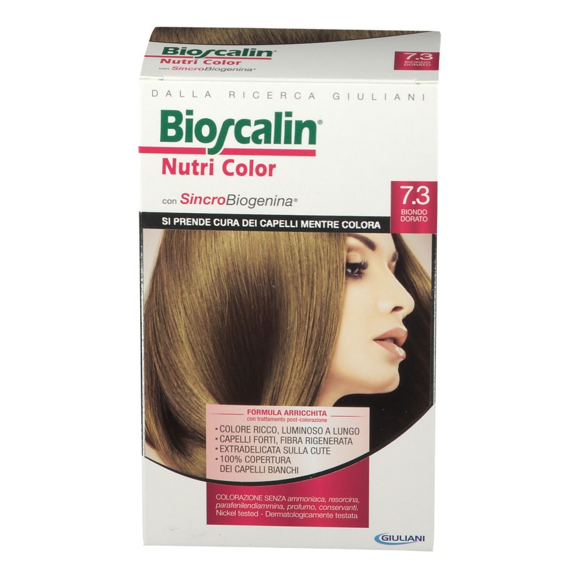 Scatola Bioscalin Nutri Color 7.3 Biondo Dorato. Vista frontale con nome del prodotto, tonalità e immagine di donna con capelli biondo dorato.