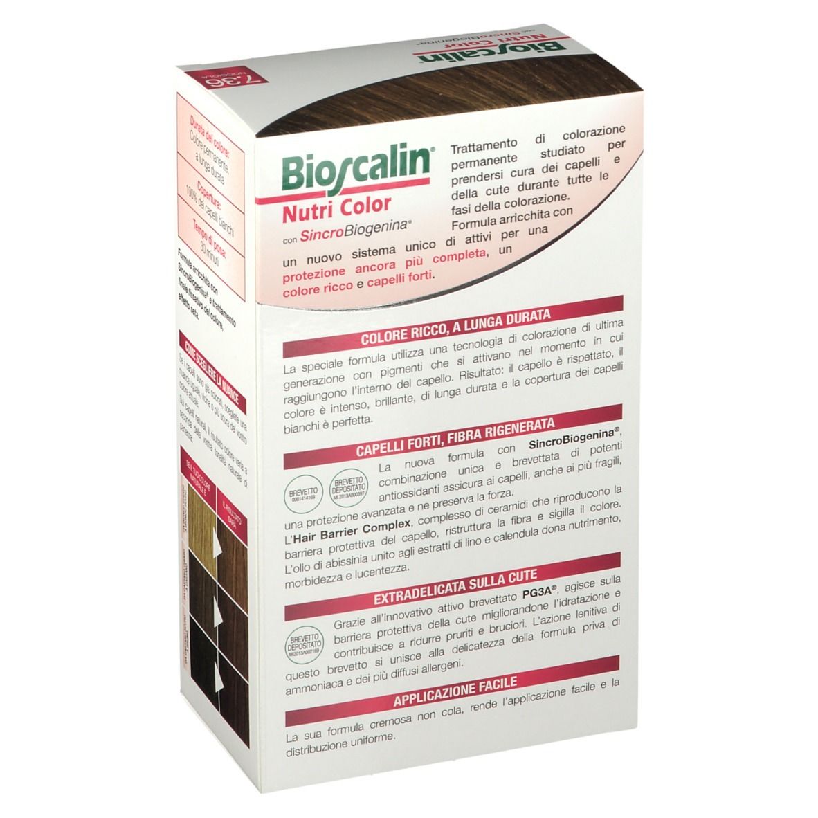 Confezione Bioscalin Nutri Color 7.36 Nocciola, retro con informazioni e ingredienti del prodotto.