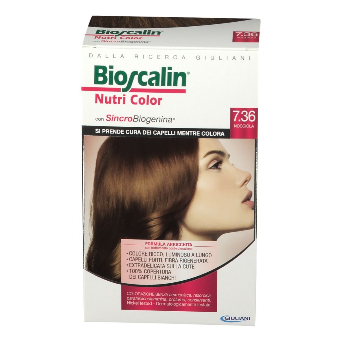 Confezione Bioscalin Nutri Color 7.36 Nocciola, vista frontale. Nome del prodotto e tonalità ben visibili.