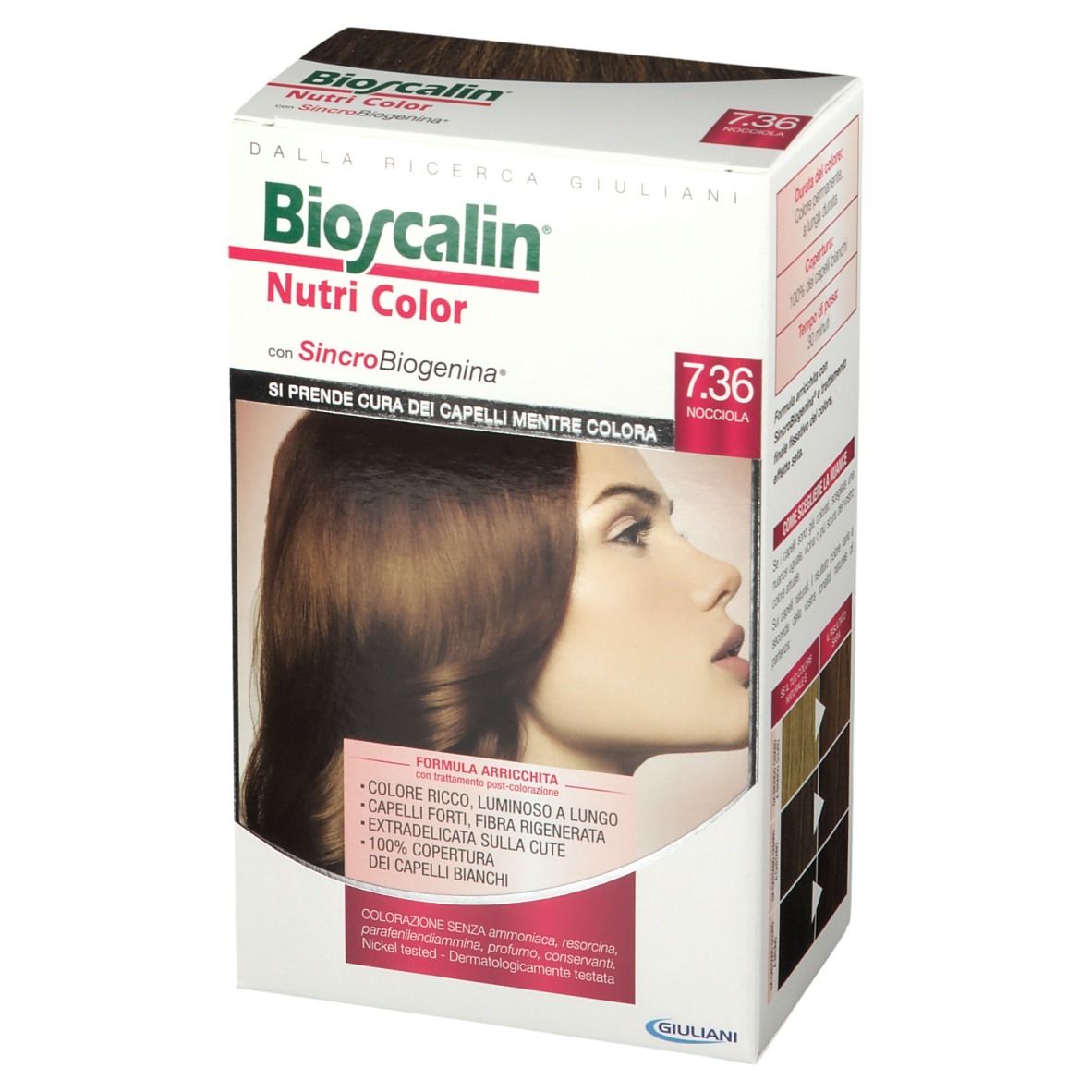 Confezione Bioscalin Nutri Color 7.36 Nocciola, vista laterale con esempi di tonalità.