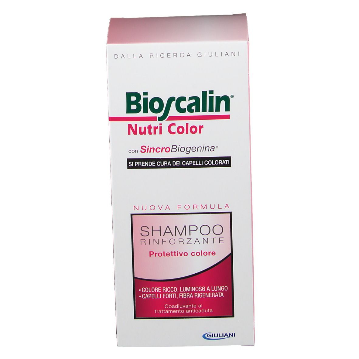 Confezione del prodotto, bianca e rosa. Scritta: Bioscalin Nutri Color. Testo in italiano.