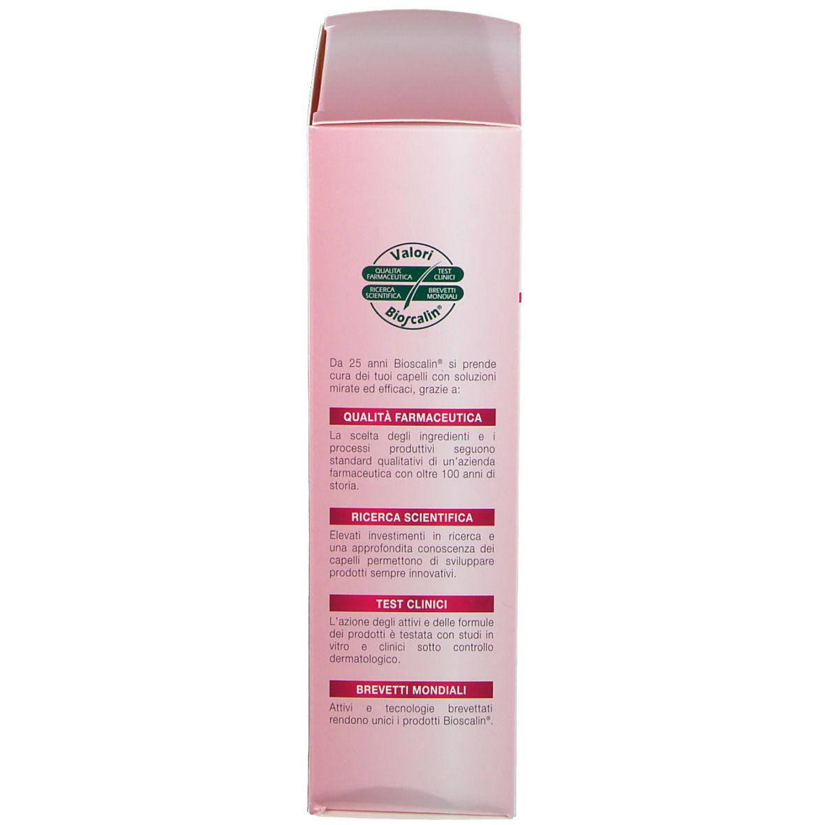 Retro di un flacone rosa. Testo in italiano. Contiene informazioni sul prodotto.