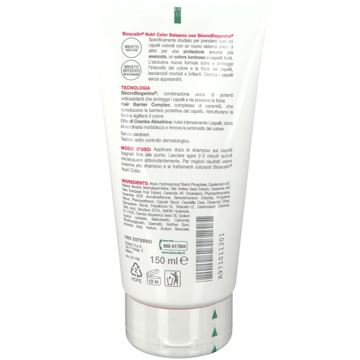 Retro del tubo Bioscalin Nutri Color Balsamo. Testo in italiano. 150 ml.