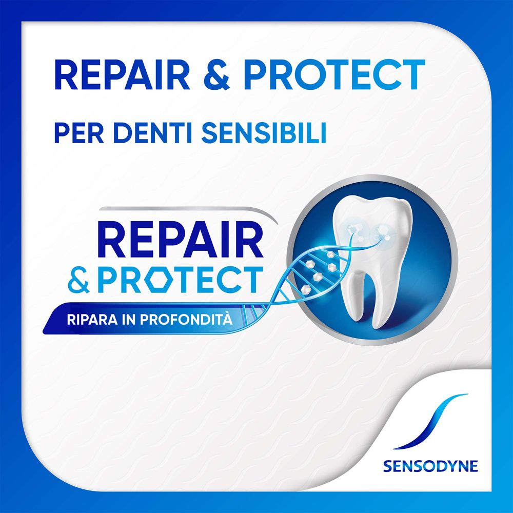 Grafica con dente, filamento di DNA e testo Repair & Protect. Logo Sensodyne.