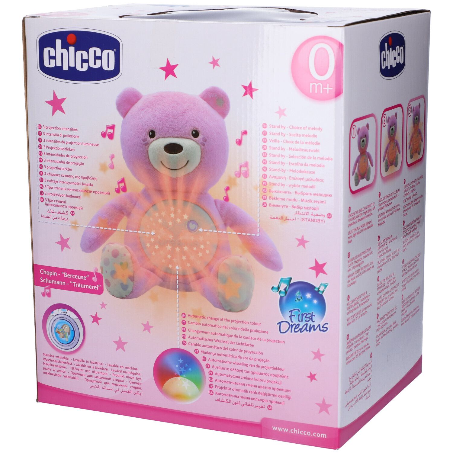 Confezione Chicco Baby Orsetto Rosa. Orsetto rosa con proiezione di stelle, note e etichetta 0+. Testo multilingue.