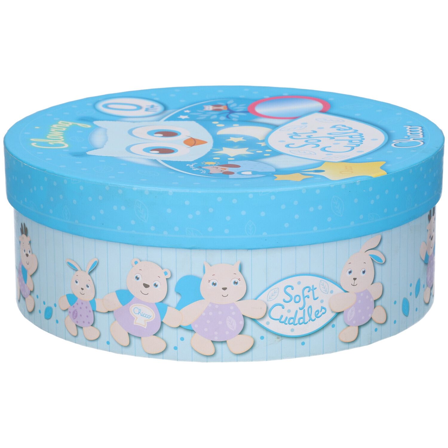 Scatola regalo blu con animali e stelle, scritta 'Soft Cuddles'.