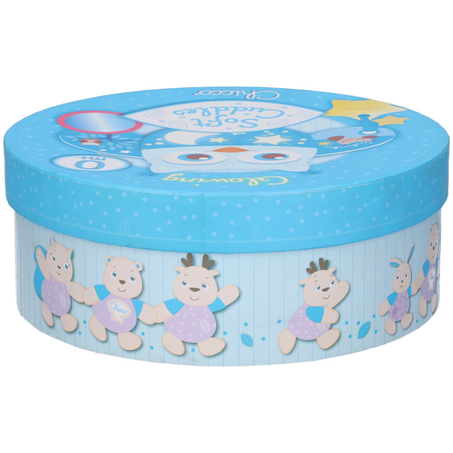 Scatola regalo rotonda blu con motivi di orsi e cervi, scritta 'Soft Cuddles'.