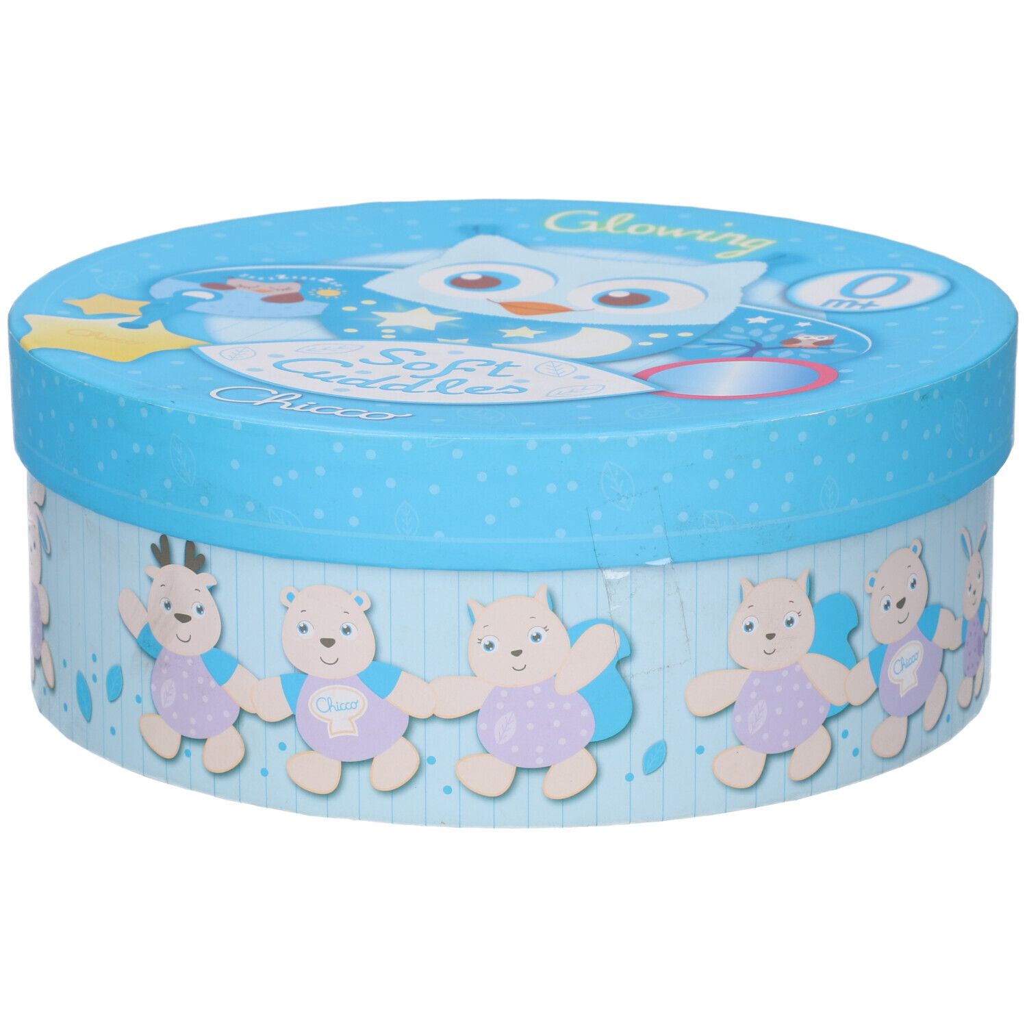Scatola regalo rotonda blu con orsetti e gufo, scritta "Soft Cuddles".