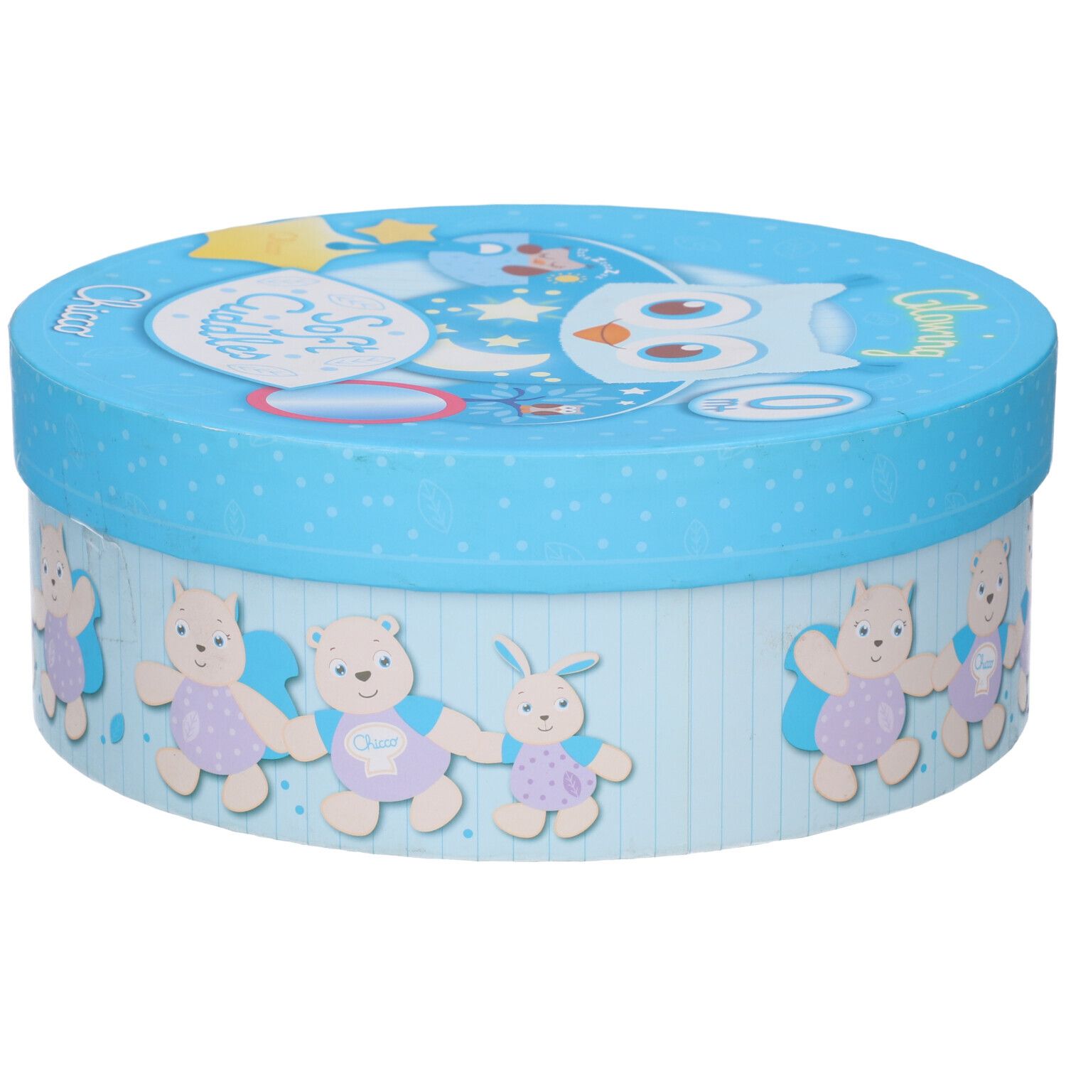 Scatola regalo rotonda blu con motivi di orsi e conigli e un gufo sul coperchio.