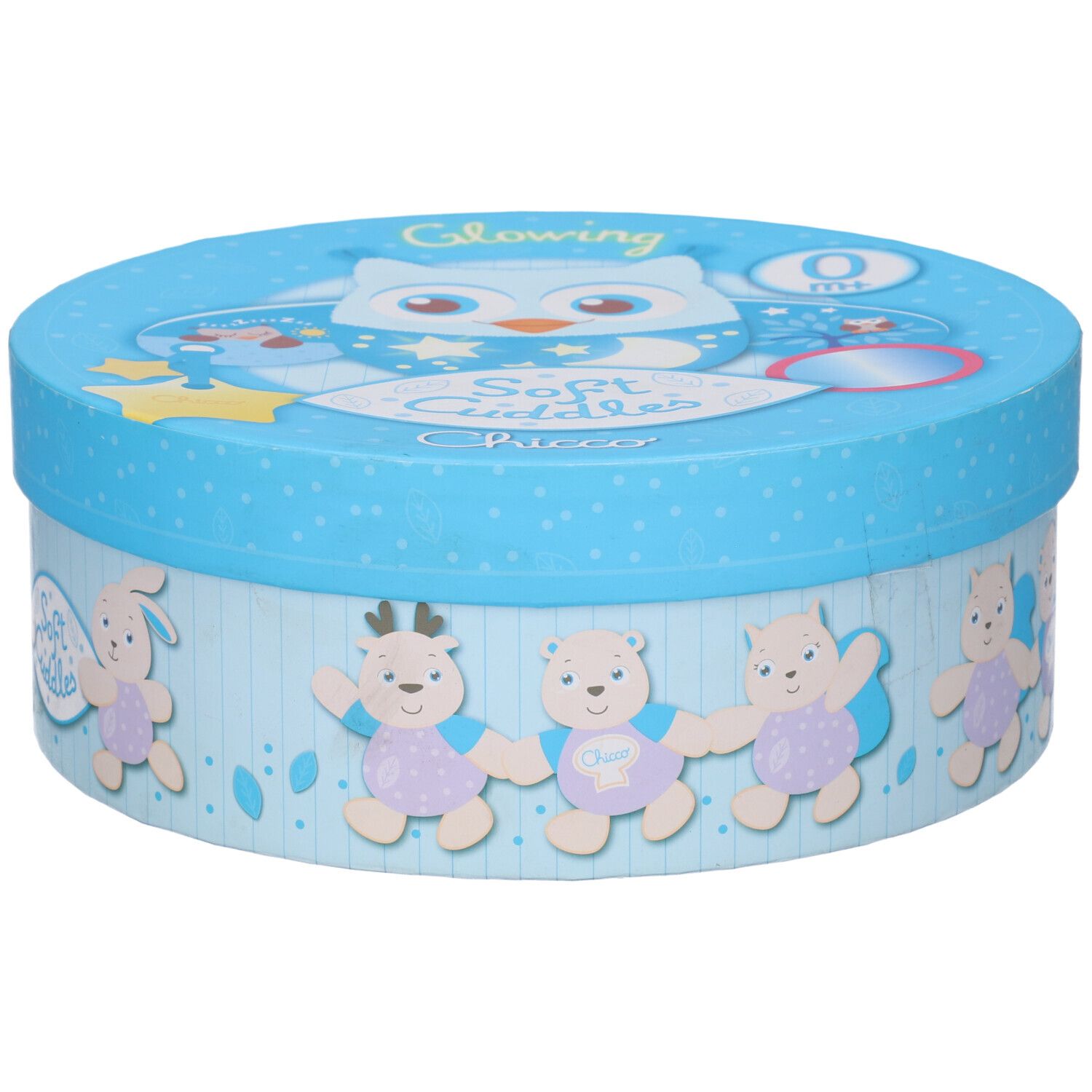 Scatola rotonda blu con motivo gufo e personaggi animali. Scritta: 'Glowing Soft Cuddles'.