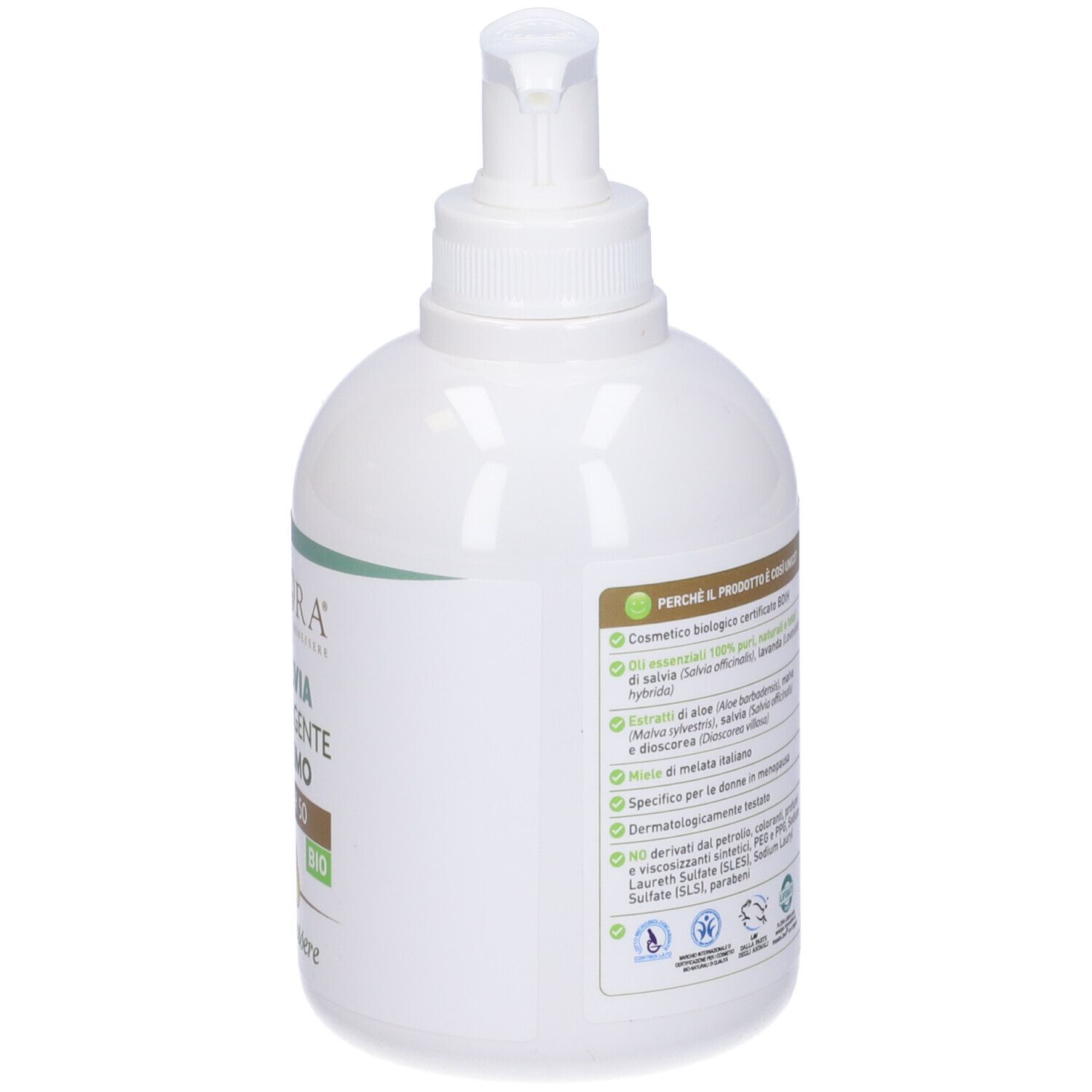 Flacone bianco con dosatore. Retro con testo e illustrazione di salvia. Marchio: Flora. Sigillo bio.