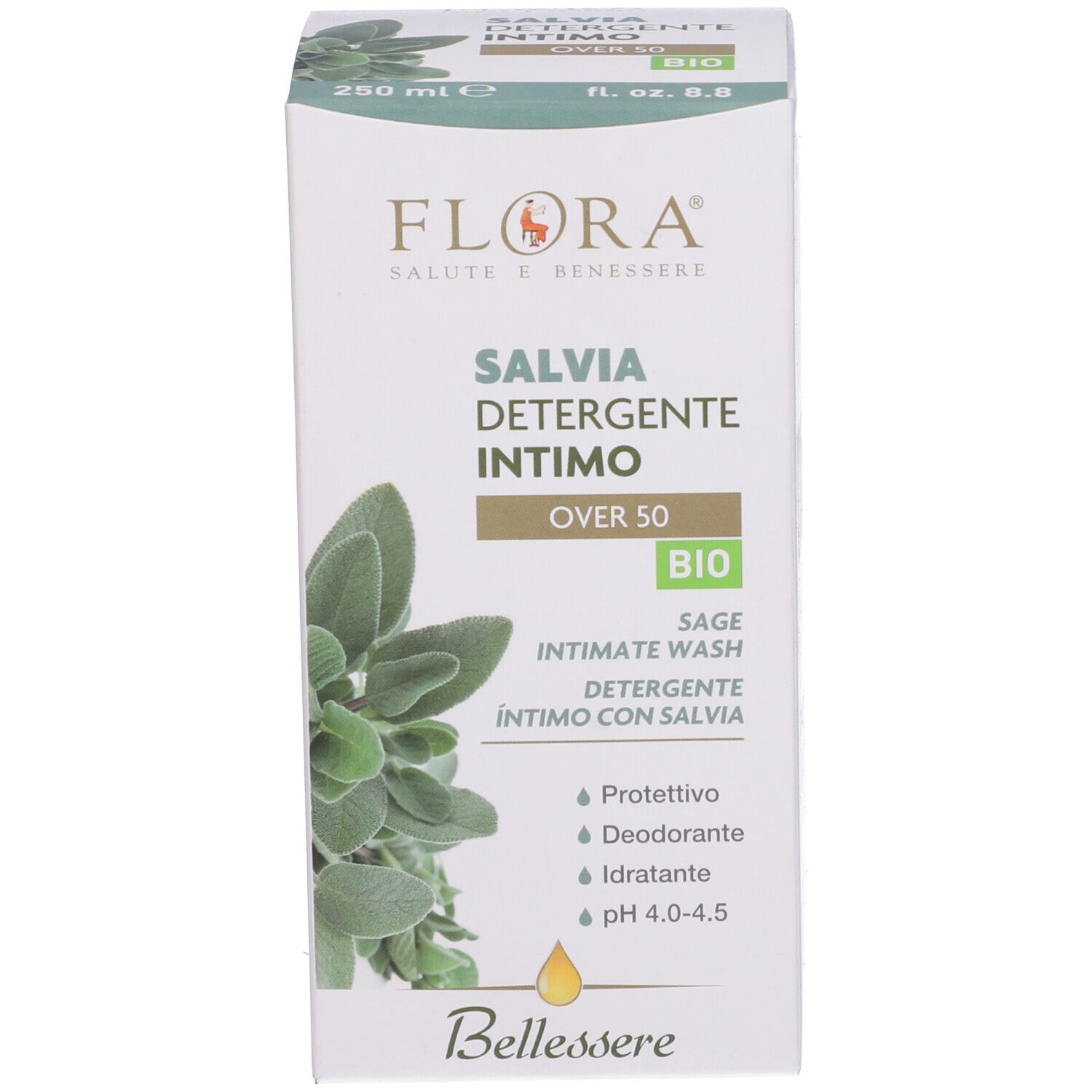 Scatola. Scritta: Salvia Detergente Intimo Over 50. Illustrazione di salvia. Sigillo bio. Marchio: Flora. Volume: 250 ml.