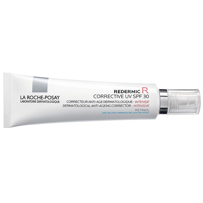 Tubo crema Redermic R UV SPF 30 La Roche-Posay. Tubo bianco con dettagli argento e tappo trasparente.