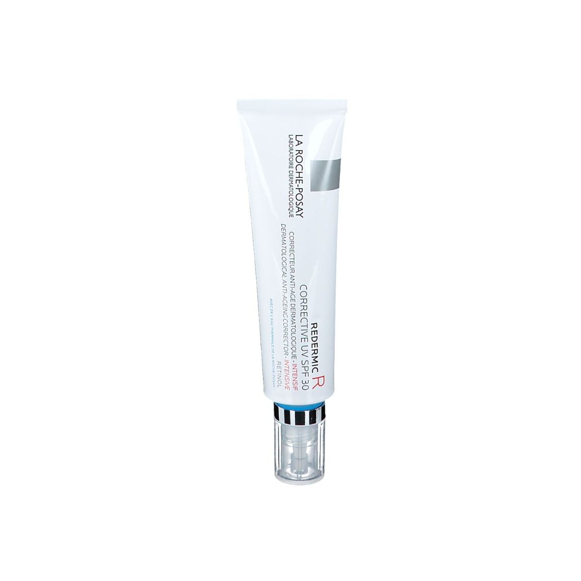 Tubo di Redermic R UV SPF 30 La Roche-Posay. Tubo bianco, dettagli argento e tappo trasparente.