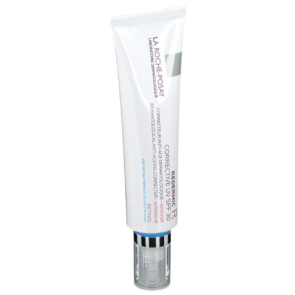 Tubo di Redermic R UV SPF 30 La Roche-Posay. Tubo bianco, dettagli argento e tappo trasparente.