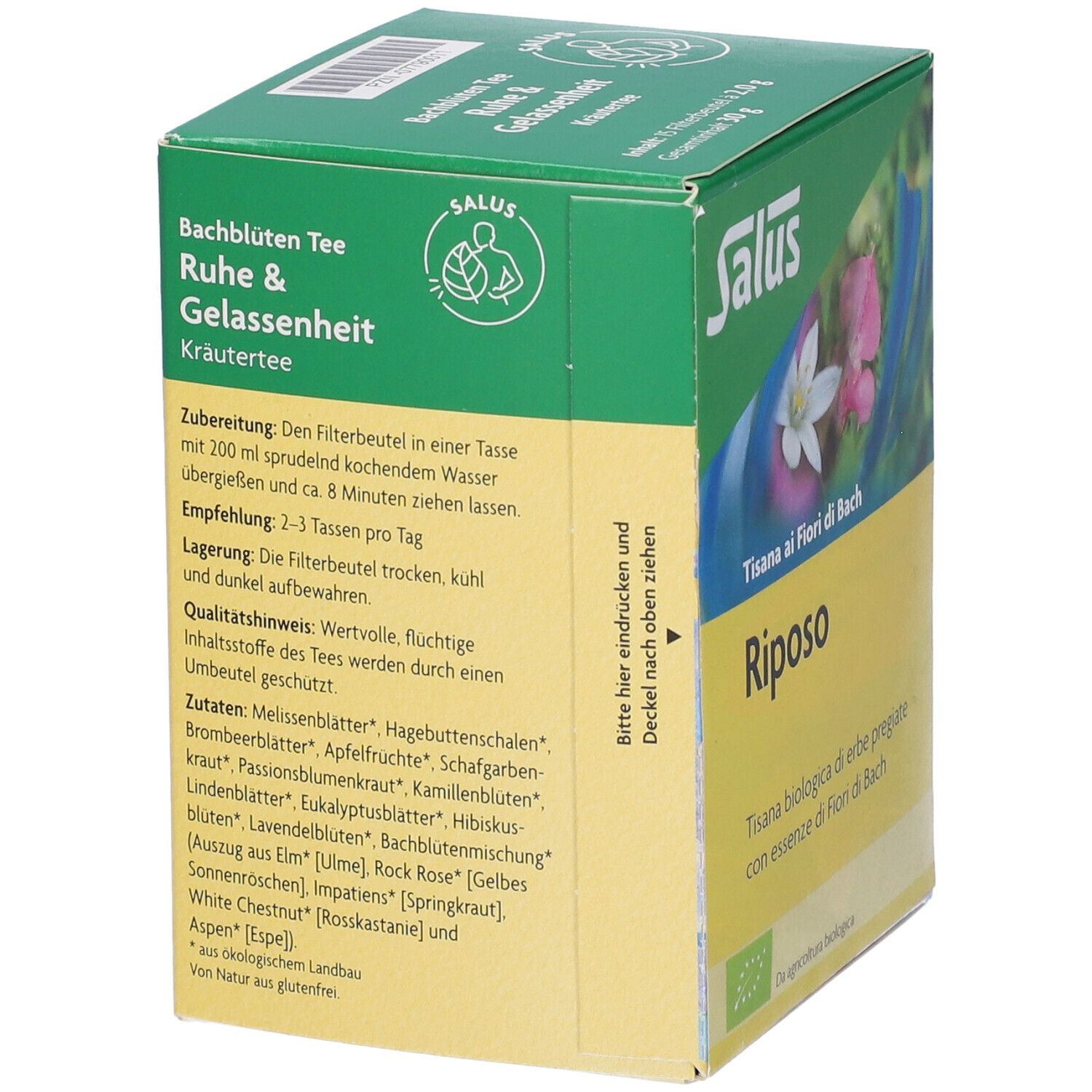 Scatola di Salus Tisana ai Fiori di Bach Riposo. Retro con testo e lista ingredienti. Certificazione bio.